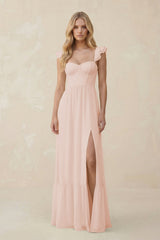 Sweetheart Ruffled Sleeve A - Line Chiffon Bridesmaid Dress in Pale Blush - KissProm Bridesmaid Dresses