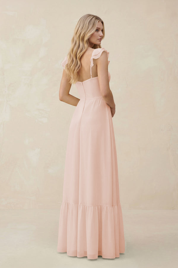Sweetheart Ruffled Sleeve A - Line Chiffon Bridesmaid Dress in Pale Blush - KissProm Bridesmaid Dresses