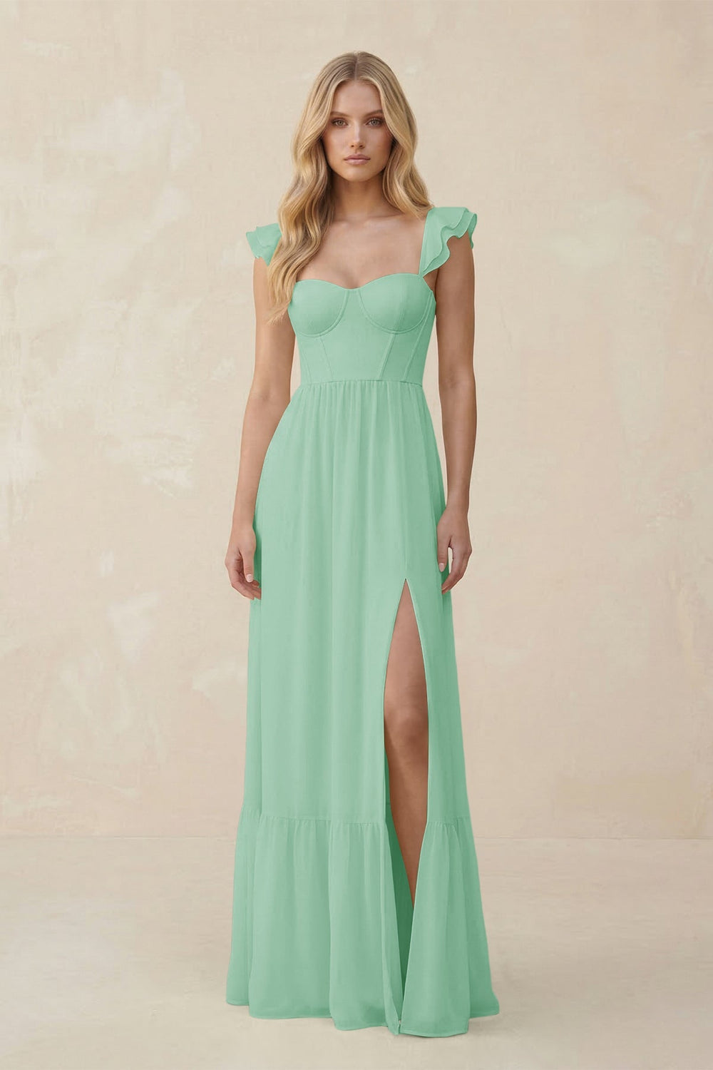 Sweetheart Ruffled Sleeve A - Line Chiffon Bridesmaid Dress in Pale Pistachio - KissProm Bridesmaid Dresses