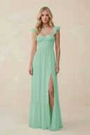 Sweetheart Ruffled Sleeve A - Line Chiffon Bridesmaid Dress in Pale Pistachio - KissProm Bridesmaid Dresses