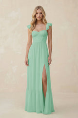 Sweetheart Ruffled Sleeve A - Line Chiffon Bridesmaid Dress in Pale Pistachio - KissProm Bridesmaid Dresses
