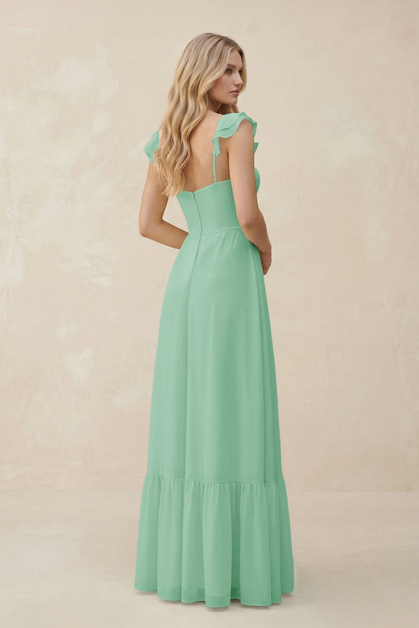 Sweetheart Ruffled Sleeve A - Line Chiffon Bridesmaid Dress in Pale Pistachio - KissProm Bridesmaid Dresses