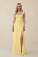 Sweetheart Ruffled Sleeve A - Line Chiffon Bridesmaid Dress in Pastel Yellow - KissProm Bridesmaid Dresses