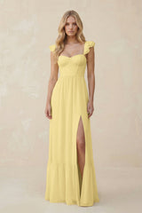 Sweetheart Ruffled Sleeve A - Line Chiffon Bridesmaid Dress in Pastel Yellow - KissProm Bridesmaid Dresses