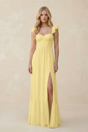 Sweetheart Ruffled Sleeve A - Line Chiffon Bridesmaid Dress in Pastel Yellow - KissProm Bridesmaid Dresses