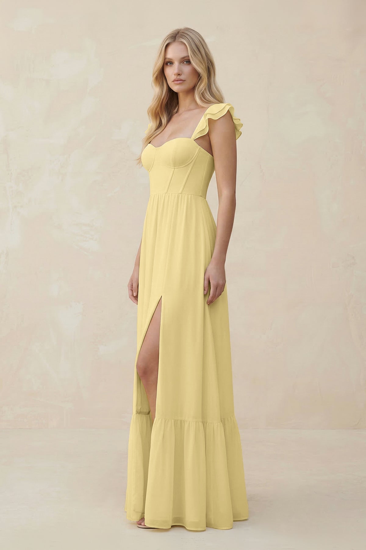 KissProm Sweetheart Ruffled Sleeve A-Line Chiffon Bridesmaid Dress in Pastel Yellow, Pastel Yellow / 30