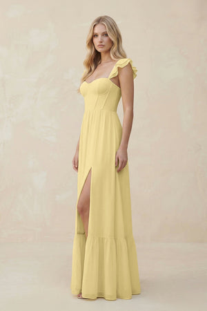 Sweetheart Ruffled Sleeve A - Line Chiffon Bridesmaid Dress in Pastel Yellow - KissProm Bridesmaid Dresses