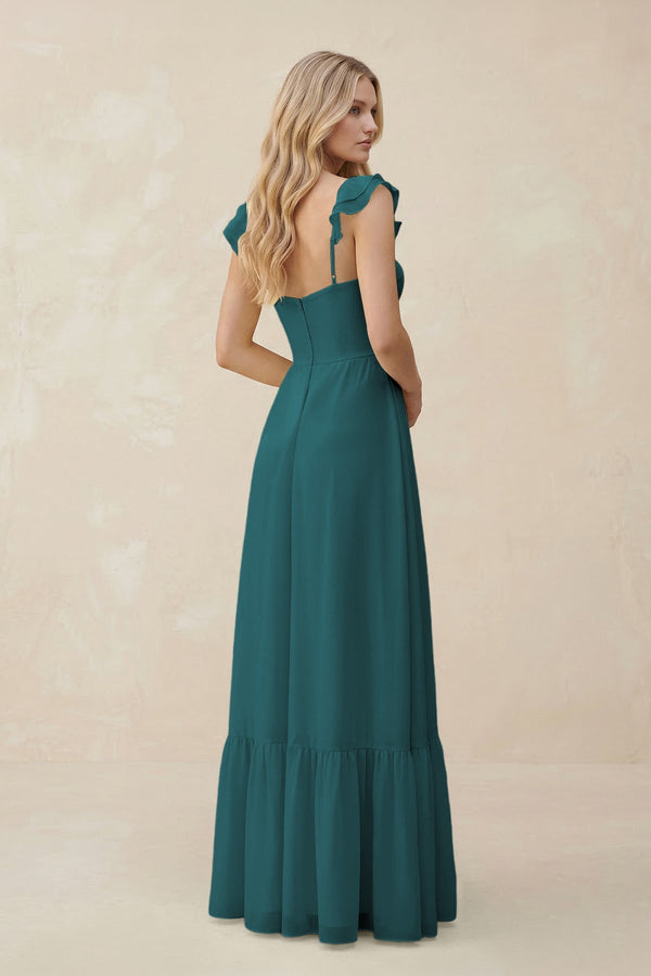 Sweetheart Ruffled Sleeve A - Line Chiffon Bridesmaid Dress in Pine - KissProm Bridesmaid Dresses