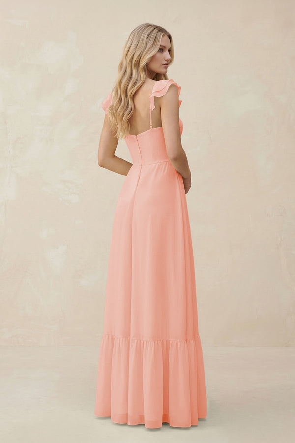 Sweetheart Ruffled Sleeve A - Line Chiffon Bridesmaid Dress in Rose Petal - KissProm Bridesmaid Dresses