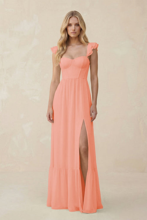 Sweetheart Ruffled Sleeve A - Line Chiffon Bridesmaid Dress in Rosette - KissProm Bridesmaid Dresses