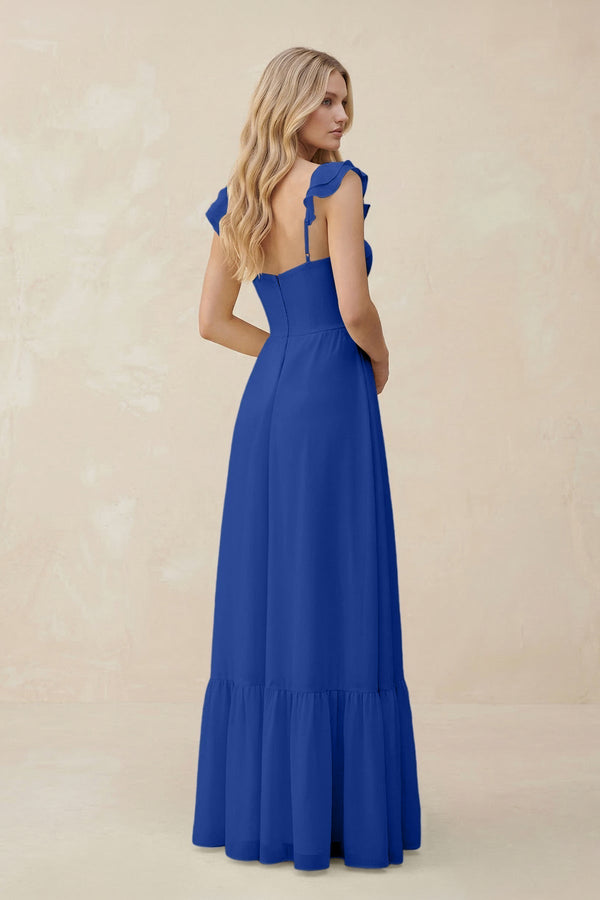 Sweetheart Ruffled Sleeve A - Line Chiffon Bridesmaid Dress in Royal Blue - KissProm Bridesmaid Dresses