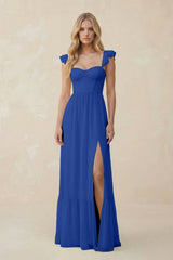 Sweetheart Ruffled Sleeve A - Line Chiffon Bridesmaid Dress in Royal Blue - KissProm Bridesmaid Dresses