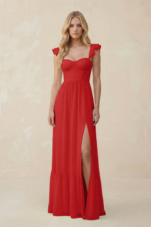 Sweetheart Ruffled Sleeve A - Line Chiffon Bridesmaid Dress in Ruby Red - KissProm Bridesmaid Dresses