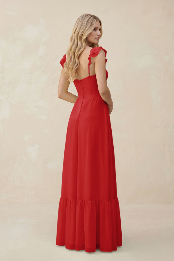 Sweetheart Ruffled Sleeve A - Line Chiffon Bridesmaid Dress in Ruby Red - KissProm Bridesmaid Dresses