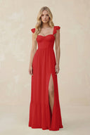 Sweetheart Ruffled Sleeve A - Line Chiffon Bridesmaid Dress in Ruby Red - KissProm Bridesmaid Dresses