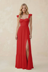 Sweetheart Ruffled Sleeve A - Line Chiffon Bridesmaid Dress in Ruby Red - KissProm Bridesmaid Dresses