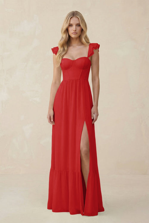 Sweetheart Ruffled Sleeve A - Line Chiffon Bridesmaid Dress in Ruby Red - KissProm Bridesmaid Dresses