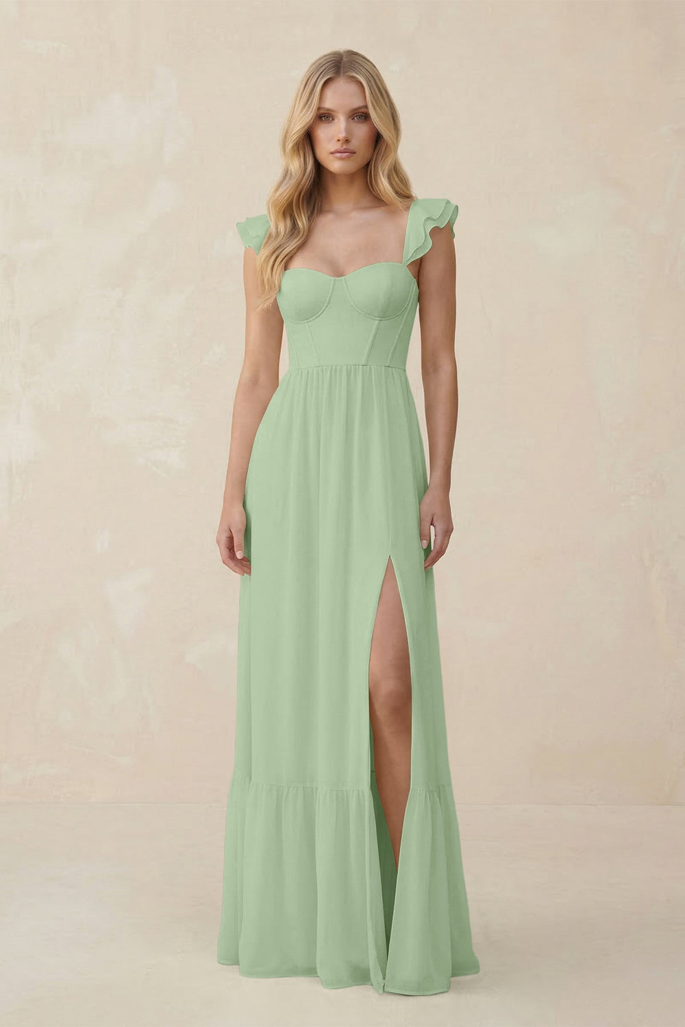 Sweetheart Ruffled Sleeve A - Line Chiffon Bridesmaid Dress in Sage - KissProm Bridesmaid Dresses