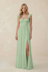 Sweetheart Ruffled Sleeve A - Line Chiffon Bridesmaid Dress in Sage - KissProm Bridesmaid Dresses