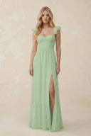 Sweetheart Ruffled Sleeve A - Line Chiffon Bridesmaid Dress in Sage - KissProm Bridesmaid Dresses