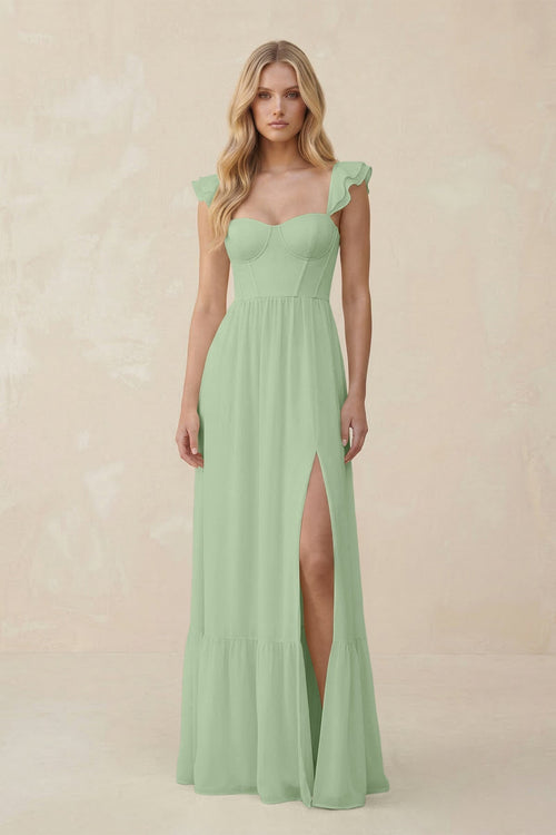 Sweetheart Ruffled Sleeve A - Line Chiffon Bridesmaid Dress in Sage - KissProm Bridesmaid Dresses