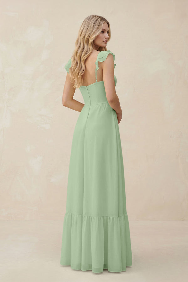 Sweetheart Ruffled Sleeve A - Line Chiffon Bridesmaid Dress in Sage - KissProm Bridesmaid Dresses