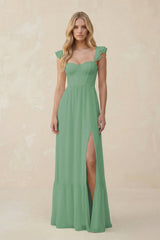 Sweetheart Ruffled Sleeve A - Line Chiffon Bridesmaid Dress in Sea Glass - KissProm Bridesmaid Dresses