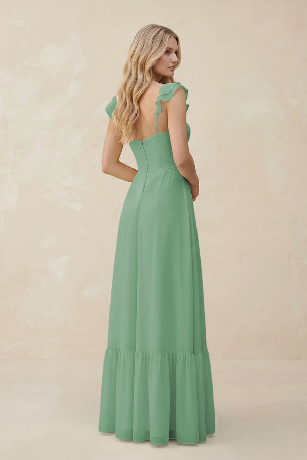 Sweetheart Ruffled Sleeve A - Line Chiffon Bridesmaid Dress in Sea Glass - KissProm Bridesmaid Dresses