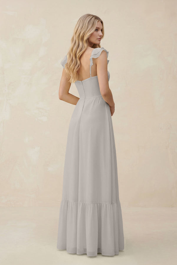 Sweetheart Ruffled Sleeve A - Line Chiffon Bridesmaid Dress in Silver - KissProm Bridesmaid Dresses