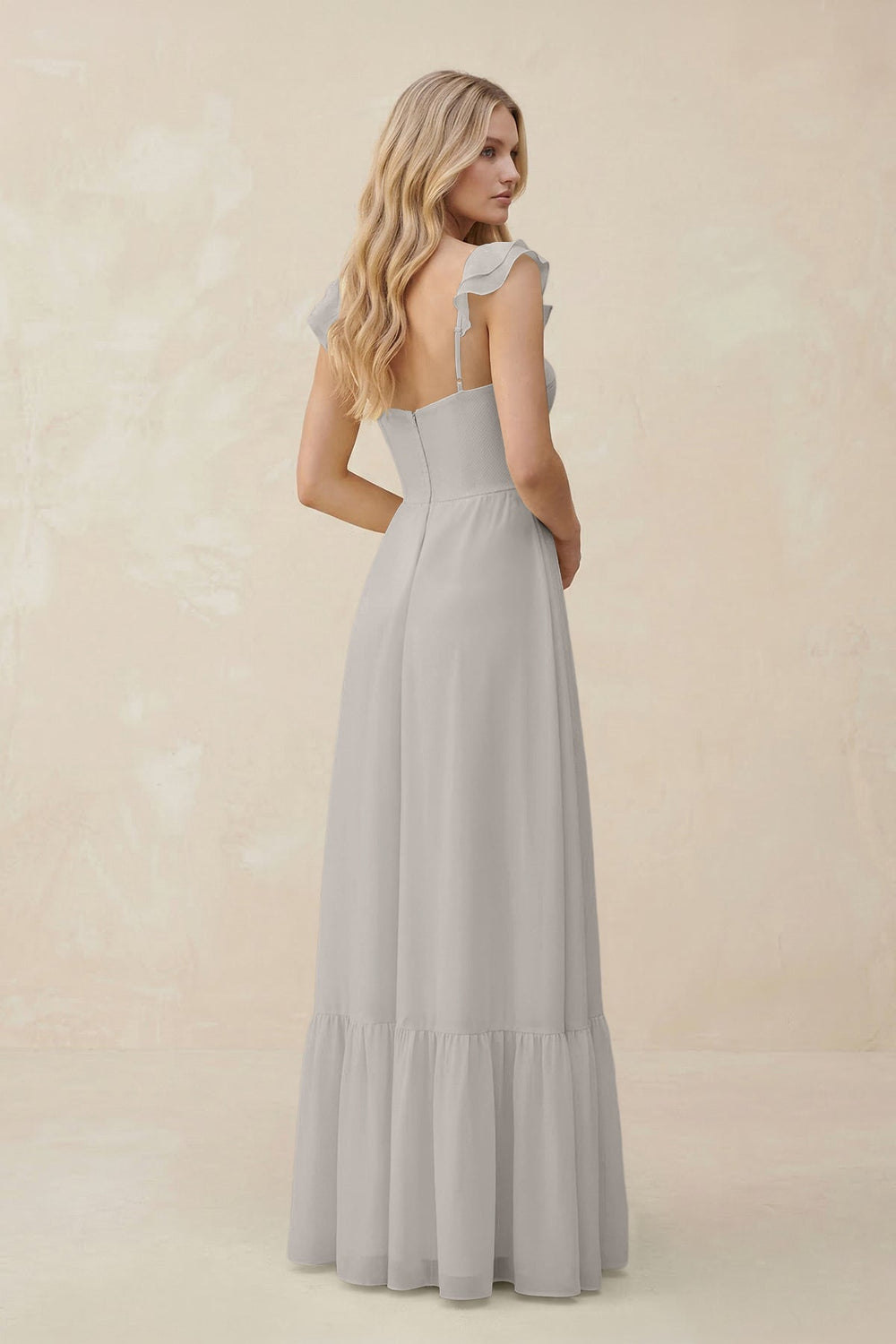 Sweetheart Ruffled Sleeve A - Line Chiffon Bridesmaid Dress in Silver - KissProm Bridesmaid Dresses