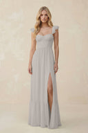 Sweetheart Ruffled Sleeve A - Line Chiffon Bridesmaid Dress in Silver - KissProm Bridesmaid Dresses