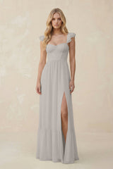 Sweetheart Ruffled Sleeve A - Line Chiffon Bridesmaid Dress in Silver - KissProm Bridesmaid Dresses
