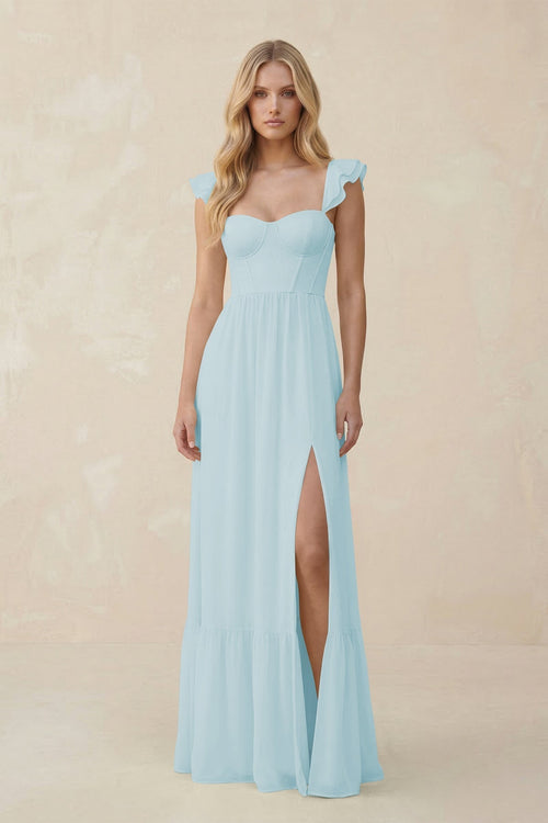 Sweetheart Ruffled Sleeve A - Line Chiffon Bridesmaid Dress in Sky Blue - KissProm Bridesmaid Dresses