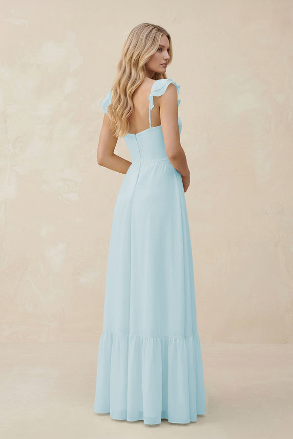 Sweetheart Ruffled Sleeve A - Line Chiffon Bridesmaid Dress in Sky Blue - KissProm Bridesmaid Dresses