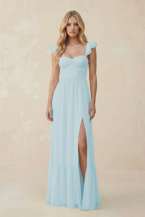 Sweetheart Ruffled Sleeve A - Line Chiffon Bridesmaid Dress in Sky Blue - KissProm Bridesmaid Dresses