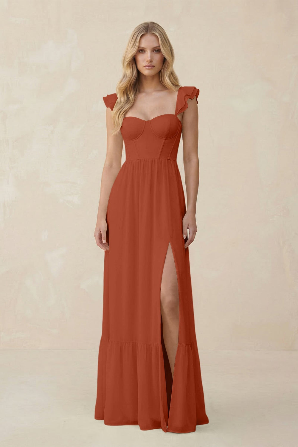 Sweetheart Ruffled Sleeve A - Line Chiffon Bridesmaid Dress in Spice - KissProm Bridesmaid Dresses
