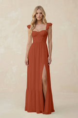 Sweetheart Ruffled Sleeve A - Line Chiffon Bridesmaid Dress in Spice - KissProm Bridesmaid Dresses