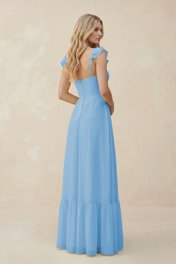 Sweetheart Ruffled Sleeve A - Line Chiffon Bridesmaid Dress in Steel Blue - KissProm Bridesmaid Dresses