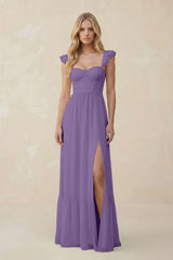 Sweetheart Ruffled Sleeve A - Line Chiffon Bridesmaid Dress in Tahiti - KissProm Bridesmaid Dresses