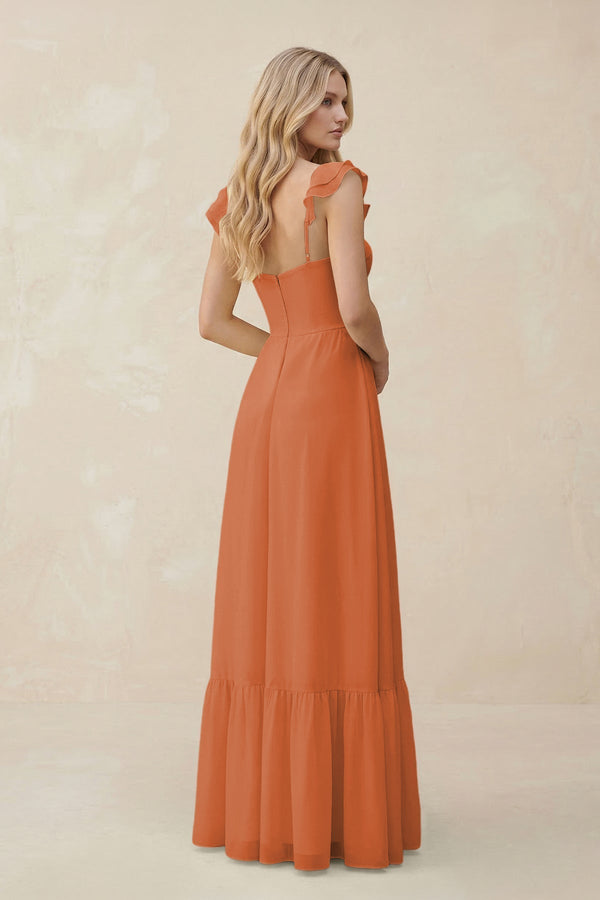 Sweetheart Ruffled Sleeve A - Line Chiffon Bridesmaid Dress in Terracotta - KissProm Bridesmaid Dresses