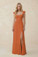 Sweetheart Ruffled Sleeve A - Line Chiffon Bridesmaid Dress in Terracotta - KissProm Bridesmaid Dresses