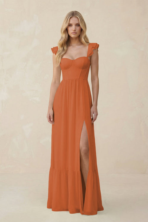 Sweetheart Ruffled Sleeve A - Line Chiffon Bridesmaid Dress in Terracotta - KissProm Bridesmaid Dresses