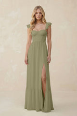 Sweetheart Ruffled Sleeve A - Line Chiffon Bridesmaid Dress in Thyme - KissProm Bridesmaid Dresses