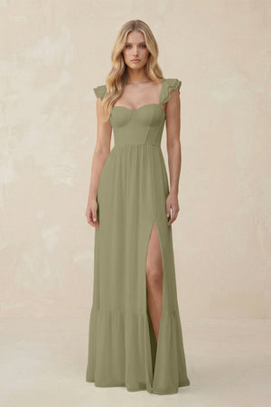 Sweetheart Ruffled Sleeve A - Line Chiffon Bridesmaid Dress in Thyme - KissProm Bridesmaid Dresses