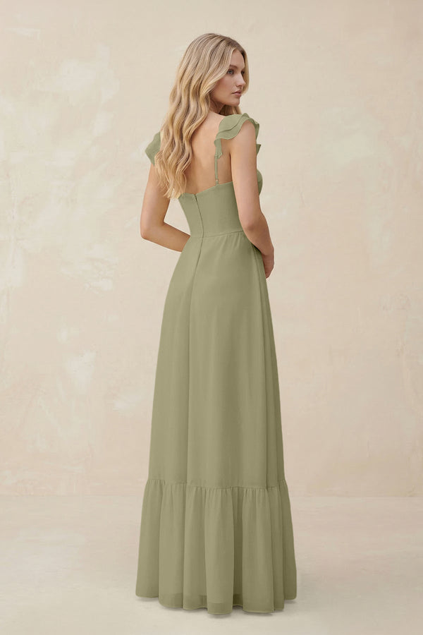 Sweetheart Ruffled Sleeve A - Line Chiffon Bridesmaid Dress in Thyme - KissProm Bridesmaid Dresses