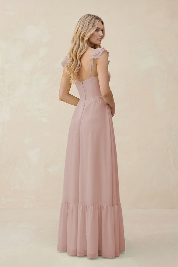 Sweetheart Ruffled Sleeve A - Line Chiffon Bridesmaid Dress in Toffee - KissProm Bridesmaid Dresses