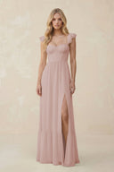 Sweetheart Ruffled Sleeve A - Line Chiffon Bridesmaid Dress in Toffee - KissProm Bridesmaid Dresses