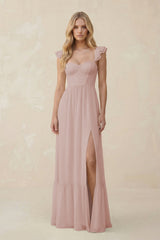 Sweetheart Ruffled Sleeve A - Line Chiffon Bridesmaid Dress in Toffee - KissProm Bridesmaid Dresses