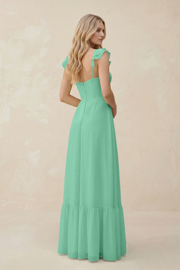 Sweetheart Ruffled Sleeve A - Line Chiffon Bridesmaid Dress in Turquoise - KissProm Bridesmaid Dresses