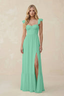 Sweetheart Ruffled Sleeve A - Line Chiffon Bridesmaid Dress in Turquoise - KissProm Bridesmaid Dresses